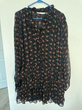 Zara Black Floral Print Long Sleeve Ruffled Tiered Chiffon Dress XL